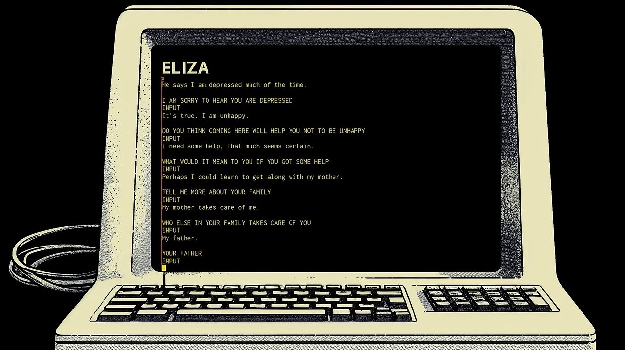 환자와 대화하는 초기 챗봇 ELIZA의 터미널 화면을 담은 레트로 컴퓨터 일러스트